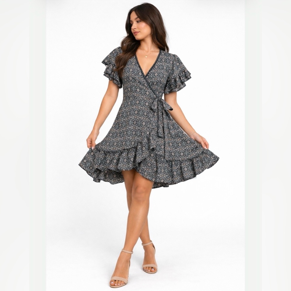 Max Studio Floral Wrap Dress Size S Ruffle Boho Midi Black